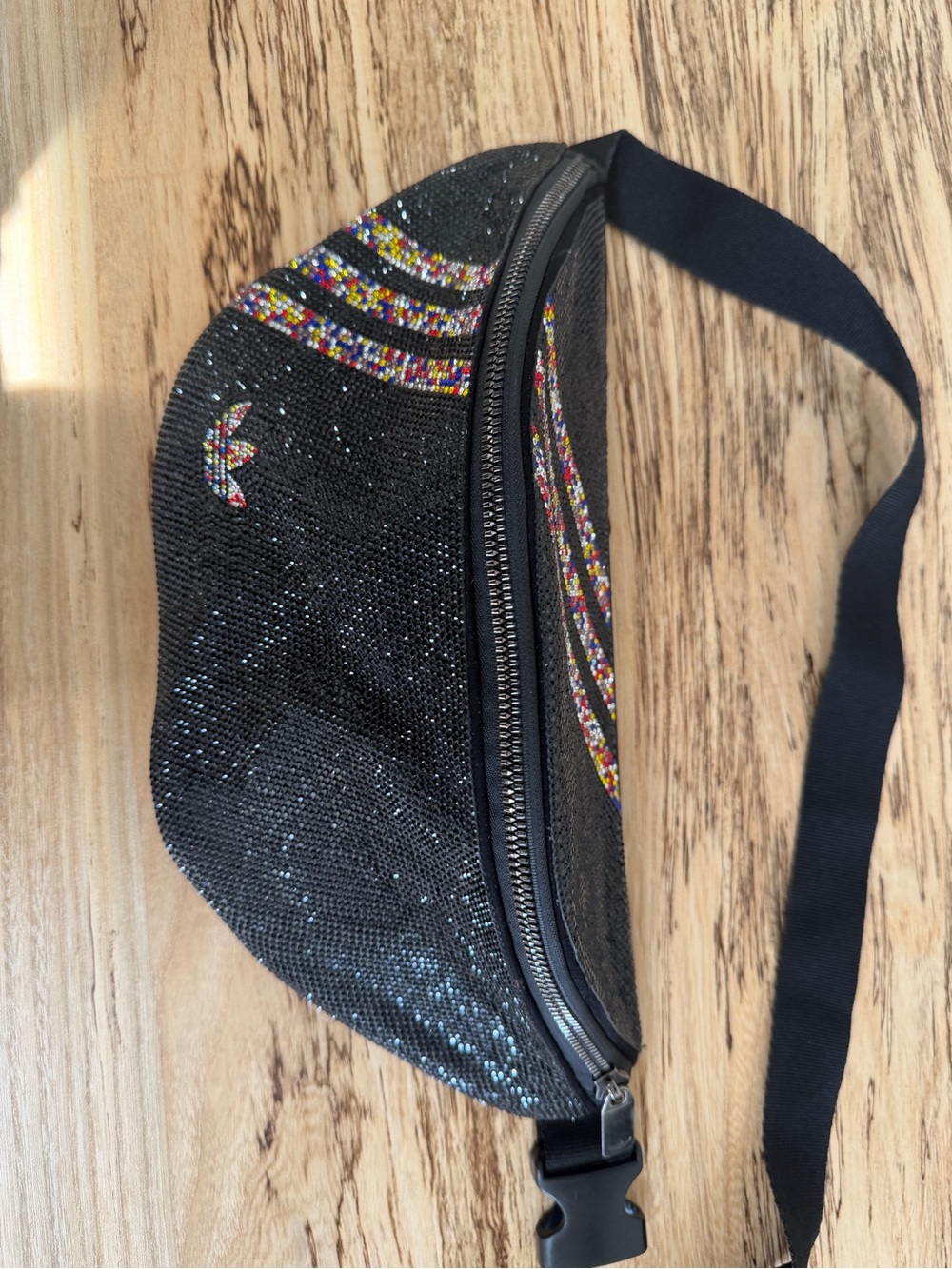 adidas Black Sequin Mini Waist Bag with Multicolor Crystal Stripes